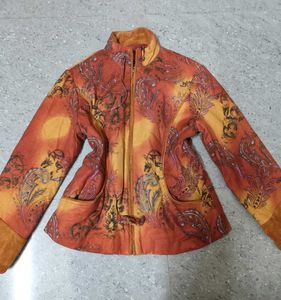 Orange Whimsical Paisley Print Corduroy Jacket
