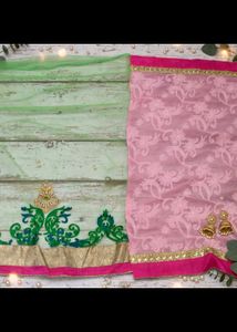 Designer Pink &amp; Green Embroidered Saree
