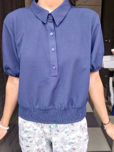 Stylish Blue Collared Short Sleeve Top