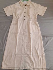 Cream Denim Button-Up Midi Dress