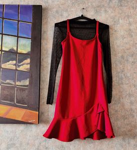 Chic Red Dress with Black Mesh Top
