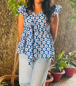 Blue Floral Print Peplum Top
