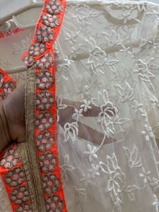 Elegant White Lace Kurta with Orange Embroidery