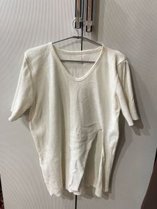 Cream Ribbed V-Neck Tunic Top