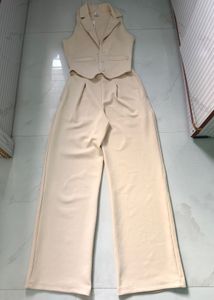 Chic Beige Vest and Wide Leg Pants co-ords set