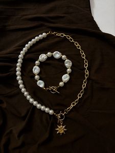 Pearl &amp; Gold Chain Necklace and Bracelet Set