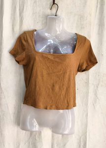Brown Ribbed Square Neck Crop Top