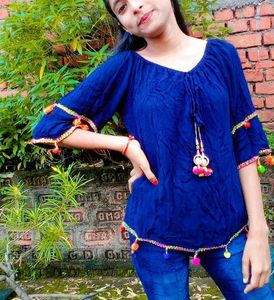 Boho Blue Top with Pom-Poms