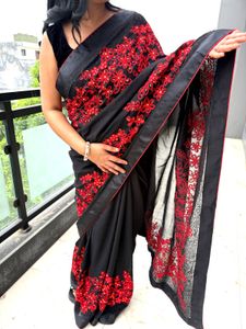 black partywear heavy embroidery saree