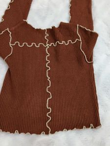 Brown Lettuce Hem Long Sleeve Top