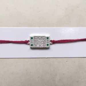 "Bhai" Logo Pure Silver Green &amp; White CZ Rakhi