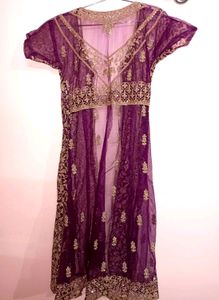 Elegant Purple Embroidered Dress Ethnic Net Jacket