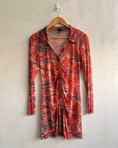 Sheer Abstract Print Long Sleeve Dress