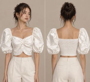 Chic White Ruched Puff Sleeve Top
