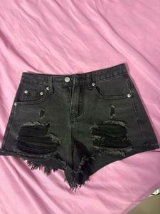 Distressed High Waist Black Denim Shorts