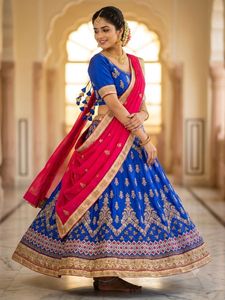 Stunning Blue & Pink Embroidered Lehenga Choli