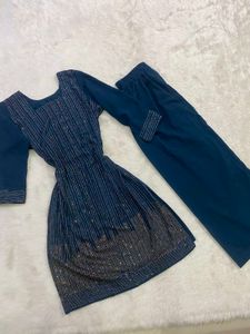 Teal Blue Rhinestone Work Kurti &amp; Parallel Trouser