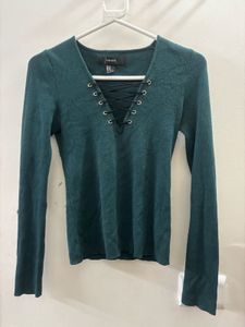 Forever 21 Women's Lace-Up V-Neck Long Sleeve Top