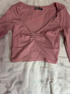 Pink Ruched Long Sleeve Crop Top