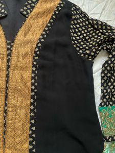 Elegant Black Kurta with Gold and Green Embellishm