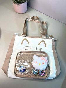 Cute Cat Tote Bag with Hello Kitty Charm