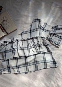Chic Plaid One-Shoulder Ruffled Top
