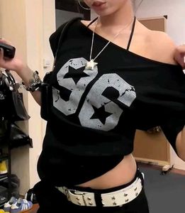 y2k cyber grunge core off shoulder fitted tee
