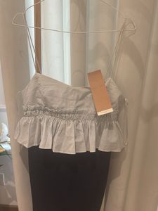 Zara Powder blue/Navy Cotton Ruffle Stretch Dress