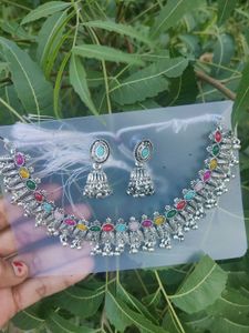 Boho Oxidized Silver Necklace &amp; Earrings