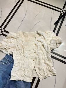 Cream Textured Puff Sleeve Top &amp; Wide Leg Jeans