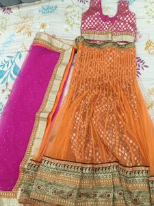 Vibrant Magenta &amp; Marigold Orange Festive Lehenga