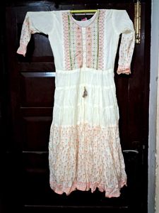 White Embroidery Anarkali dress with Tassels
