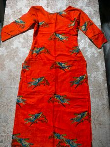 Vibrant Orange Bird Print Kurta