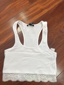 White Lace Trim Crop Tank Top