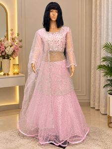 ✨ Beautiful Baby Pink Embroidered Kurti-Style Lehe