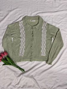 Pastel Green Lace Trim Cardigan