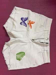 White Denim Shorts with Butterfly Print