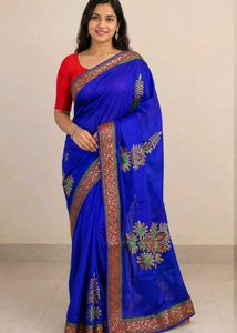 Blue Embroidered Silk Saree