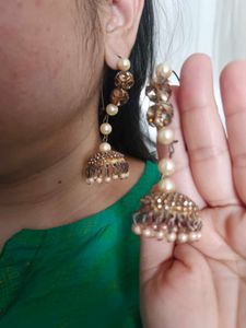 Golden Jhumka Earrings with Pearls