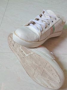 White Sneakers with Pastel Stripes