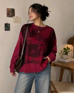 Korean Maroon Graphic Print Long Sleeve Top