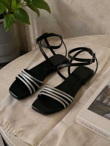 Sparkling Black Flat Sandals