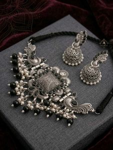 Oxidized Silver Peacock Jhumka Set