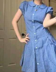 y2k cute Blue Plaid Button-Up Dress