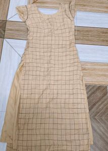 Beige Checked Kurta with Embellished Neckline