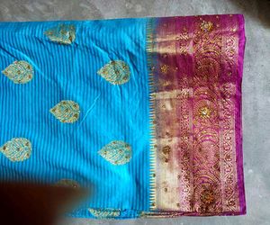 Beautiful sky Saree with rich border&amp;ready Blouse