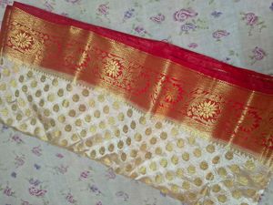 Elegant Cream &amp; Red Silk Saree
