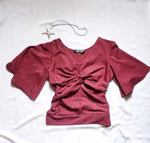 Sparkly Maroon Bell Sleeve Twist Top with skirt