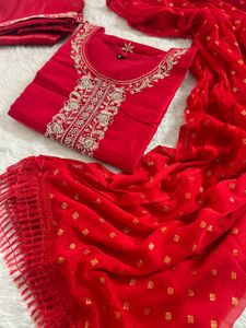 Stunning Red Embroidered Kurta Set