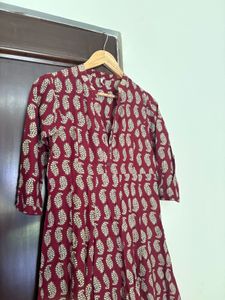Maroon Cotton Printed Anarkali